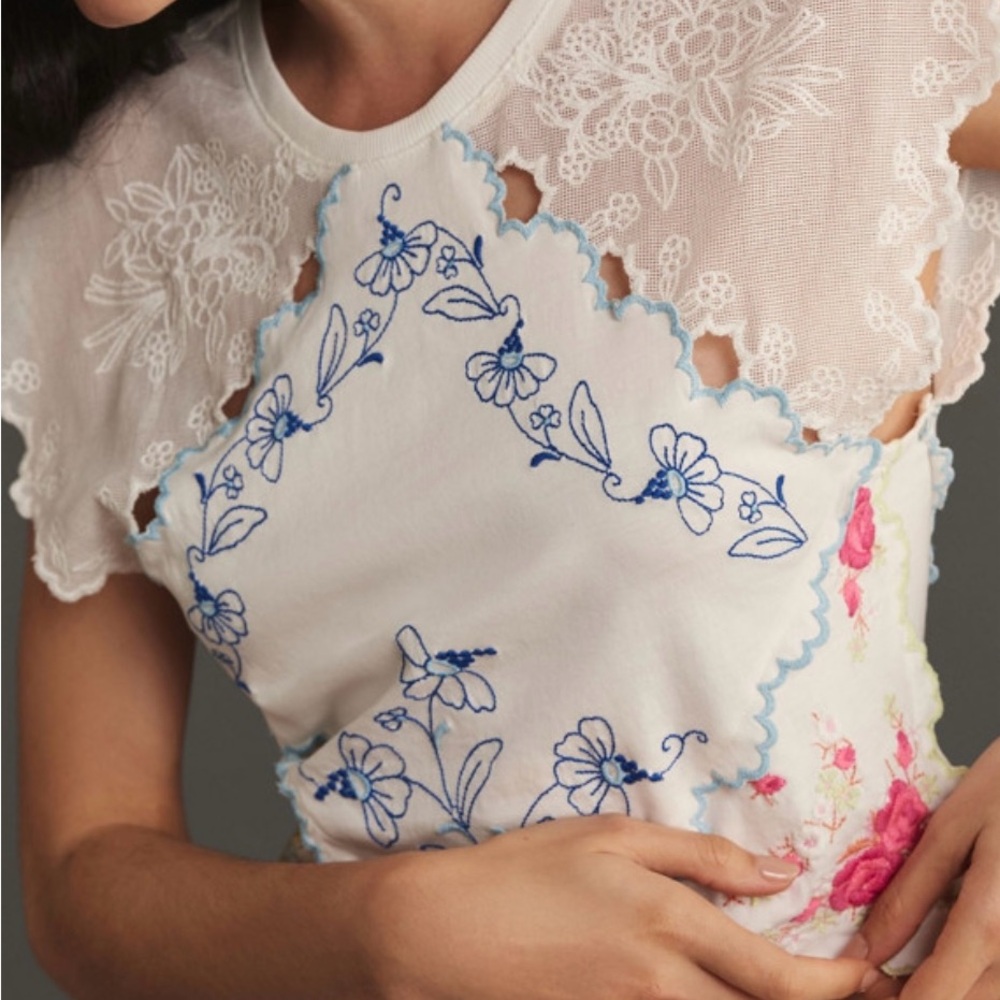 White Chemise with Blue Floral Embroidery and Lace Trim